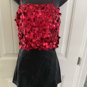 Red Sequin top and faux leather skirt  outfit